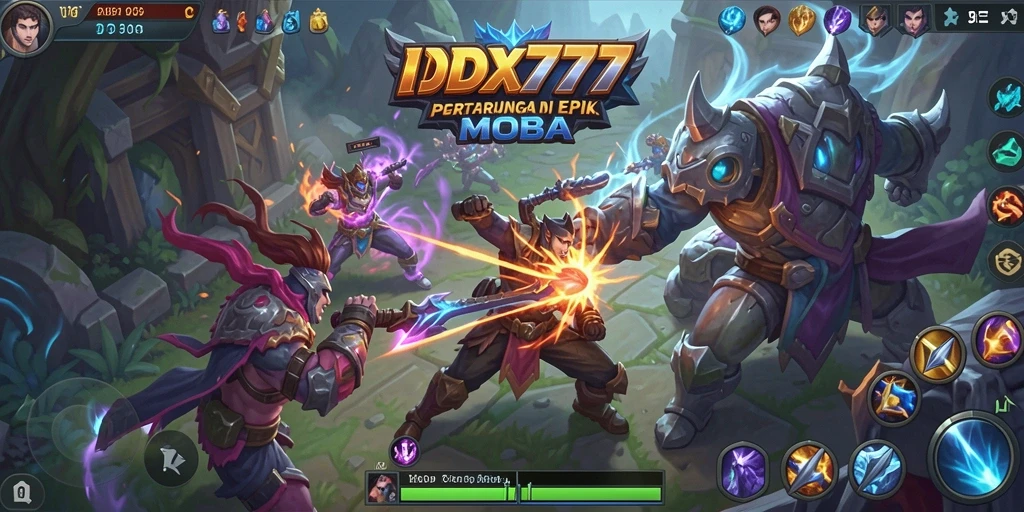 Tangkapan layar menunjukkan pertarungan intens dalam gameplay IDX777 MOBA.