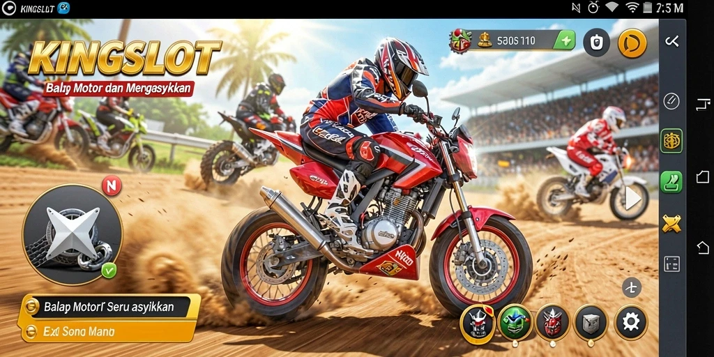 Gameplay seru KINGSLOT saat balapan motor.