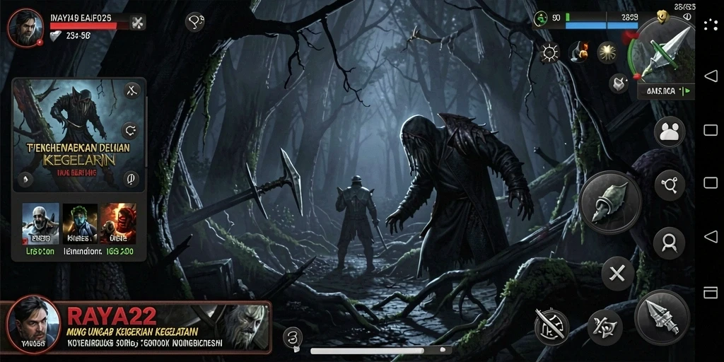 Gameplay menyeramkan dalam RAYA22 dengan suasana gelap dan menakutkan.